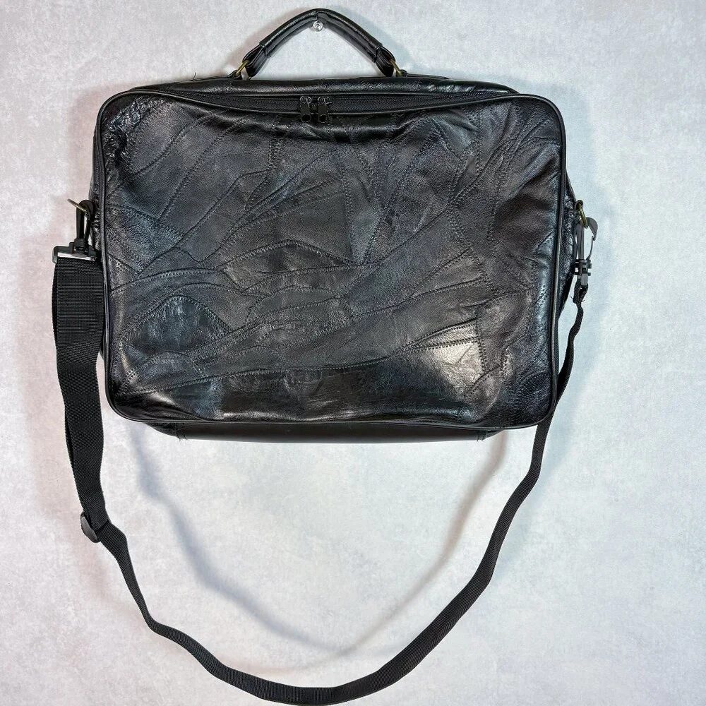 Genuine Leather Patchwork Laptop Bag Travel Office Briefcase Black
